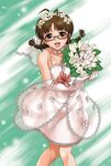  akizuki_ritsuko antenna_hair bouquet braid bride brown_eyes brown_hair dress elbow_gloves flower glasses gloves hida_tatsuo idolmaster idolmaster_(classic) idolmaster_live_for_you! twin_braids wedding_dress 