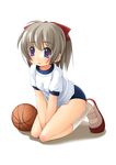  between_legs blue_eyes blush bow buruma full_body gym_uniform hair_bow hand_between_legs kneeling looking_afar original ponytail red_bow shibacha shoes short_hair simple_background sneakers solo sportswear white_background 