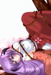  artist_request bare_shoulders bow flower hakama hanyuu higurashi_no_naku_koro_ni horns japanese_clothes lying miko plant purple_eyes purple_hair red_hakama solo tree vines 