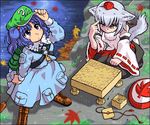  animal_ears blue_eyes blue_hair board_game dog_tail hat inubashiri_momiji johnnie kawashiro_nitori multiple_girls oekaki shougi sweat tail thinking tokin_hat touhou two_side_up water white_hair wolf_ears yellow_eyes 