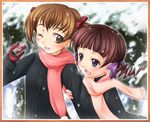  :d ;d blue_eyes brown_hair fukuzawa_yumi gloves green_eyes holding long_sleeves maria-sama_ga_miteru matsudaira_touko motion_blur multiple_girls one_eye_closed open_mouth orange_hair outdoors red_gloves red_scarf scarf shiwo short_hair smile snow snowing upper_body winter 