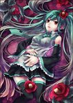  bad_id bad_pixiv_id camellia detached_sleeves flower green_hair green_nails hatsune_miku long_hair nail_polish necktie red_eyes smile solo thighhighs tsubaki_no_hana_(vocaloid) vocaloid yoko_(shiocolor) 