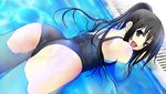  :d ass bad_id bad_pixiv_id black_hair blue_eyes drain_(object) dutch_angle from_above hagetaka long_hair looking_at_viewer looking_back one-piece_swimsuit open_mouth original ponytail pool poolside school_swimsuit smile solo swimsuit water wet 