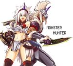  1girl back-to-back blue_eyes hairband horn kirin_(armor) loincloth monster_hunter tetsu_(kimuchi) thighhighs weapon white_hair 