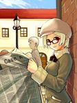  1girl blonde_hair copyright_request glasses k+ newspaper red_eyes sweater 