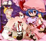  bandaid bandaid_on_knee bangs bib black_footwear bloomers blue_hair bobby_socks bow_legwear cake cherry chocolate_bar cup dress food food_on_clothes food_on_face frilled_legwear fruit hair_between_eyes hat holding holding_spoon ice_cream ichihaya juliet_sleeves knees_together_feet_apart knees_up long_sleeves messy pacifier parfait pastry pigeon-toed pink_dress puffy_sleeves red_eyes remilia_scarlet ribbon-trimmed_clothes ribbon_trim shoes single_shoe smile sock_dangle socks solo spoon stuffed_animal stuffed_bunny stuffed_toy touhou underwear white_legwear 