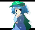  arm_support bag blue_eyes blue_hair chin_stroking hair_bobbles hair_ornament hat kawashiro_nitori letterboxed oka_(bananashoe) short_hair solo touhou twintails two_side_up 