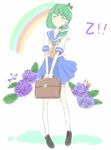  alternate_costume bag blue_skirt buckle carrying closed_eyes contemporary frog_hair_ornament full_body green_hair hair_ornament kochiya_sanae mokeo pleated_skirt sailor_collar school_bag school_uniform serafuku short_hair skirt solo standing touhou 