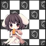  animal_ears bad_id bad_pixiv_id barefoot black_hair bloomers border bunny_ears carrot checkered checkered_background chibi eating inaba_tewi matsusaka_gyuu red_eyes short_hair sitting solo touhou underwear white_bloomers 