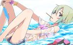  bangle blue_eyes blush bracelet food green_hair holding idolmaster idolmaster_cinderella_girls jewelry long_legs looking_at_viewer lying mouth_hold off_shoulder on_back partially_submerged popsicle shiomi_shuuko shoes_removed short_hair shorts solo ueshita water wet wet_clothes 