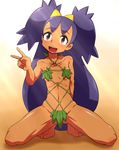  bad_id bad_pixiv_id bare_shoulders barefoot big_hair brown_eyes dark_skin highres hun iris_(pokemon) kneeling leaf leaf_bikini long_hair navel open_mouth pokemon pokemon_(game) pokemon_bw purple_hair solo sweat v very_long_hair 