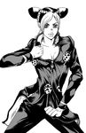  bad_id bad_pixiv_id breasts cleavage cleavage_cutout cosplay double_bun giorno_giovanna giorno_giovanna_(cosplay) greyscale jojo_no_kimyou_na_bouken komekansou kuujou_jolyne medium_breasts monochrome parody pose solo 