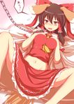  animal_ears bad_id bad_pixiv_id banned_artist black_hair blush breasts chain collar detached_sleeves dog_ears hair_tubes hakurei_reimu kisaragi_zwei leash lying medium_breasts navel on_back skirt solo spread_legs tail touhou 