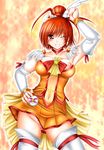  blush breasts choker covered_nipples cure_sunny dress hair_ornament hino_akane_(smile_precure!) large_breasts magical_girl nipples no_bra no_panties orange_(color) orange_choker orange_eyes orange_hair orange_skirt otone precure skirt smile smile_precure! solo sweat thighhighs 