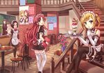  3girls :d bad_id bad_pixiv_id black_hair blonde_hair brown_eyes chair finger_to_mouth flower food glasses hand_on_hip holding ice_cream looking_at_viewer maid maid_headdress multiple_girls open_mouth original pantyhose peach_(momozen) plant potted_plant red_eyes red_hair sitting smile stairs standing sundae table thighhighs tray twintails white_legwear 