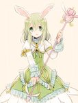  alternate_color animal_ears blonde_hair bunny_ears cropped_jacket dress elize_lutus frills green_dress green_eyes jewelry pendant short_hair smile solo staff tales_of_(series) tales_of_xillia yuru1031 