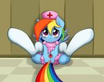  anus blue_fur blush equine female friendship_is_magic hair horse looking_at_viewer multi-colored_hair my_little_pony nurse on_back pegasus pony presenting purple_eyes pussy pussy_juice rainbow_dash_(mlp) smitty_g socks solo wings 