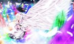  alternate_hair_color angel_wings awai_shiro bad_id bad_pixiv_id closed_eyes crystal feathers food fruit hands_clasped hat hat_removed headwear_removed highres hinanawi_tenshi leaf long_hair m.u.g.e.n own_hands_together peach puffy_sleeves short_sleeves silver_hair solo touhou very_long_hair wings 