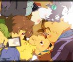  bear blue_eyes blush canine cellphone clothing cub dog eyes_closed feline gay group hinami husky jacket kemono kissing letterboxed looking_at_viewer male mammal one_eye_closed phone red_eyes shirt smile sweat tiger yellow_eyes young 