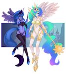  anthro blue_eyes breasts crown cutie_mark equine female friendship_is_magic hair horn human humanized multi-colored_hair my_little_pony princess_celestia_(mlp) princess_luna_(mlp) purple_hair skimpy slugbox weapon winged_unicorn wings 