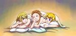  3girls artist_request blonde_hair blue_eyes blush brown_hair chichi_band mario_(series) metroid multiple_girls nintendo nude pillow pointy_ears princess_peach princess_zelda samus_aran smile super_mario_bros. super_smash_bros. the_legend_of_zelda tomatama 