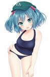  aqua_eyes bad_id bad_pixiv_id blue_hair blush breasts cleavage collarbone etou_(cherry7) hair_bobbles hair_ornament hat highres kawashiro_nitori medium_breasts navel one-piece_swimsuit open_mouth school_swimsuit school_swimsuit_flap short_hair solo swimsuit touhou two_side_up white_background 
