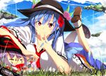  blue_hair blush brown_hair cloud day flower food fruit grass hair_flower hair_ornament hat hinanawi_tenshi jar leaf leg_up long_hair lying nagae_iku neropaso peach red_eyes sky smile solo touhou yukkuri_shiteitte_ne 