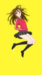 black_legwear brown_eyes brown_hair full_body hands_in_pockets highres jacket jumping kamogawa_(kamogawa_sodachi) kneehighs loafers long_hair open_mouth original pleated_skirt shoes simple_background skirt solo track_jacket yellow_background 