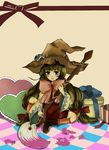  1girl beryl_benito boots bow box brown_background brown_eyes brown_hair brush freckles frills gift gift_box hat highres long_hair paint pillow present ribbon socks tales_of_(series) tales_of_hearts wide_sleeves witch_hat 