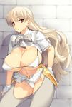  blonde_hair bow bowtie breasts brick_wall faulds fingerless_gloves gloves grey_legwear heart highres huge_breasts long_hair navel open_mouth orange_eyes original panties running_bond solo thighhighs underwear wavy_hair white_gloves white_panties yn_red 