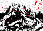  absurdly_long_hair cityscape cross flower graveyard hatsune_miku holding holding_flower long_hair monochrome petals rella saihate_(vocaloid) skirt solo spot_color tears thighhighs tombstone twintails very_long_hair vocaloid zettai_ryouiki 