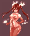  bodysuit breasts cthugha_(nyaruko-san) elbow_gloves fang fire flame gloves haiyore!_nyaruko-san hevn looking_at_viewer medium_breasts navel red_eyes red_gloves red_hair revealing_clothes smile solo tongue tongue_out twintails 