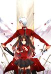 1girl archer black_legwear blue_eyes brown_hair fate/stay_night fate_(series) field_of_blades hair_ribbon kanshou_&amp;_bakuya long_hair planted_sword planted_weapon puyue ribbon short_twintails sword thighhighs toosaka_rin twintails two_side_up weapon zettai_ryouiki 