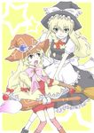  apron beryl_benito blonde_hair boots bow braid brown_eyes brush crossover frills hat kirisame_marisa long_hair open_mouth ribbon shoes socks star tales_of_(series) tales_of_hearts thighhighs touhou wide_sleeves witch_hat yellow_background yellow_eyes 
