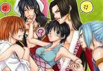  1girl 4boys ? alvida angry black_hair blue_hair boa_hancock color_background cowboy_hat earrings fight fighting genderswap grab grabbing green_background hand_holding hat hug jewelry long_hair monkey_d_luffy multiple_boys nami nami_(one_piece) nefertari_vivi one_piece orange_hair scar short_hair white_hat 