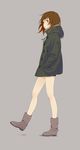  bare_legs boots brown_eyes brown_hair coat from_side full_body hands_in_pockets highres hood hood_down kamogawa_(kamogawa_sodachi) legs long_hair long_sleeves open_mouth original simple_background solo walking 