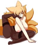  :3 animal_ears blonde_hair breasts cameltoe contortion dearmybrothers flexible fox_ears fox_tail highres huge_breasts legs multiple_tails nipples one_eye_closed orange_eyes pantyhose short_hair simple_background solo tail thighband_pantyhose topless touhou white_background wince yakumo_ran 
