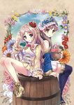  ascot atelier_(series) atelier_meruru bare_legs barrel basket blonde_hair blue_eyes blue_footwear blue_legwear blue_sleeves boots bow braid brown_eyes brown_hair crown detached_sleeves flask flower full_body hairband half_updo long_hair merurulince_rede_arls multiple_girls pink_flower pink_rose purple_flower purple_rose red_bow ribbon rose round-bottom_flask shoes sitting skirt smile thigh_boots thighhighs totooria_helmold tougarashi_hideyu 