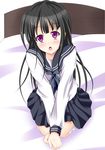  bed black_hair blush chitanda_eru hyouka kneeling long_hair narumi_yuu_(imitmoon) purple_eyes school_uniform serafuku 