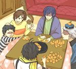  4boys :t black_hair blue_hair brown_hair couch eating female_protagonist_(persona_3) food food_on_head fruit fruit_on_head hair_ornament hairclip kotatsu mandarin_orange mochizuki_ryouji multiple_boys object_on_head open_mouth peeling persona persona_3 persona_3_portable pharos short_hair smile sweater table teodor yumiyoshi yuuki_makoto 