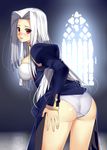  artoria_pendragon_(all) ass bad_id bad_pixiv_id blush breasts cosplay dress fate/zero fate_(series) hullabaloo irisviel_von_einzbern large_breasts long_hair panties red_eyes saber saber_(cosplay) solo underwear white_hair 