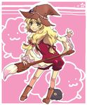  1girl beryl_benito blonde_hair boots bow brown_eyes brush hat long_hair pink_background ribbon sheep smile tales_of_(series) tales_of_hearts thighhighs wide_sleeves witch_hat 