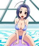  :d ahoge arm_support ball blue_hair blush breast_squeeze breasts cleavage exercise_ball goriate idolmaster idolmaster_(classic) idolmaster_2 indoors large_breasts miura_azusa navel open_mouth pool red_eyes rei_no_pool riding shiny shiny_skin short_hair smile window 
