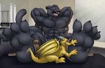  4_toes abs biceps black black_fur bound canine claws clothing dragon feline feral fur hindpaw horn laugh male mammal muscles nude open_mouth panther paws pecs plantigrade raised_arm scales shorts sitting size_difference soles straps teaselbone tickling tickling_feet topless wings wolf yellow_dragon 