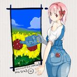  ass bear_pin flower from_behind holding looking_back nakahara_(teriyaki) off_shoulder original overalls pink_hair red_eyes shirt short_hair solo sunflower t-shirt teriyaki translation_request watering_can 