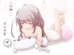  akino_coto bare_shoulders barefoot breasts brown_hair cleavage eyewear_removed glasses heart highres jitome legs_up long_hair lying on_stomach original pillow pillow_hug pink-framed_eyewear small_breasts solo strap_slip translated 