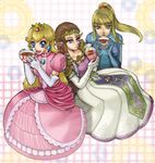  artist_request blonde_hair blue_eyes brown_hair elbow_gloves gloves hiroka_m mario_(series) metroid miso_soup nintendo pointy_ears princess_peach princess_zelda samus_aran super_mario_bros. the_legend_of_zelda zero_suit 