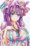  bow breasts colored_pencil_(medium) covered_nipples green_eyes hair_bow hands_on_own_chest hat highres kitazinger large_breasts long_hair patchouli_knowledge purple_eyes solo touhou traditional_media upper_body very_long_hair 