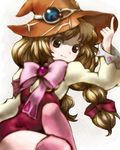  1girl beryl_benito blonde_hair bow brown_eyes grey_background hat long_hair lowres ribbon smile tales_of_(series) tales_of_hearts thighhighs wide_sleeves witch_hat 