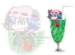  :3 blue_hair cherry chibi detached_wings drink drinking_straw food fruit hat hat_ribbon ice ice_cream ice_cream_float juice melon_soda noai_nioshi puffy_sleeves remilia_scarlet ribbon short_hair short_sleeves solo tongue touhou wings 